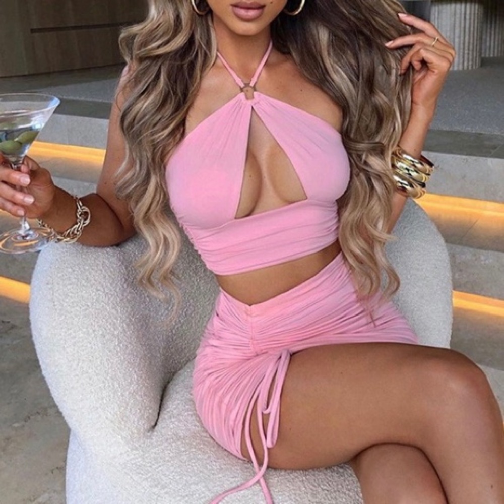 Sexy pink cross over halter hollow out minidress